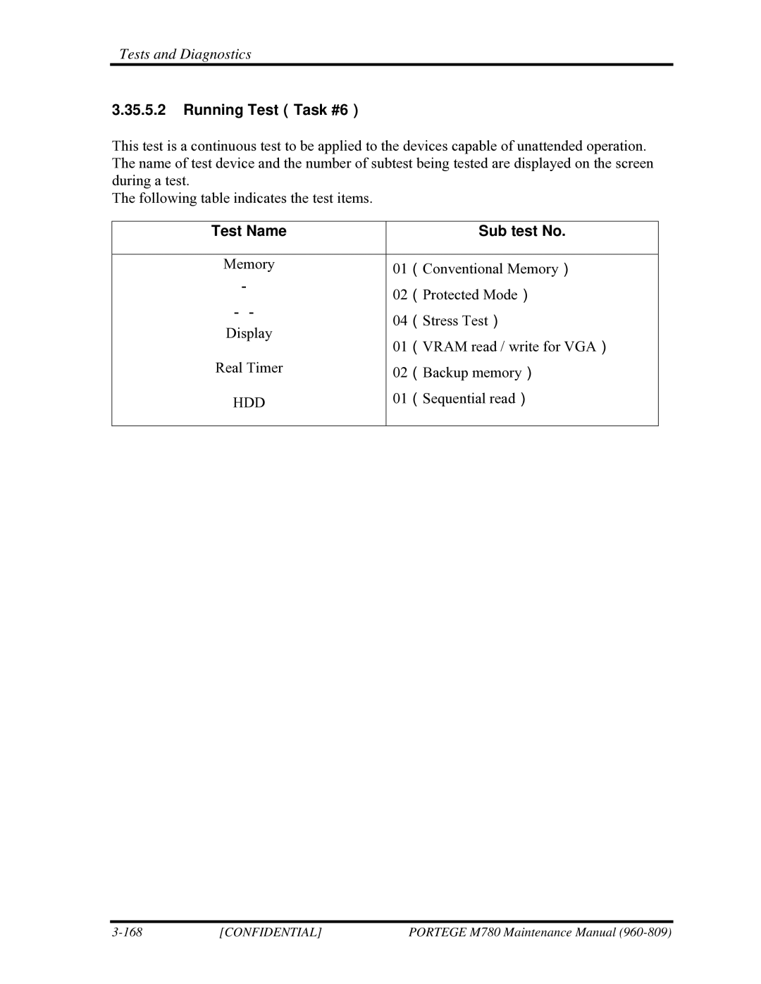 Toshiba 960-809 manual Running Test（Task #6）, Sub test No 