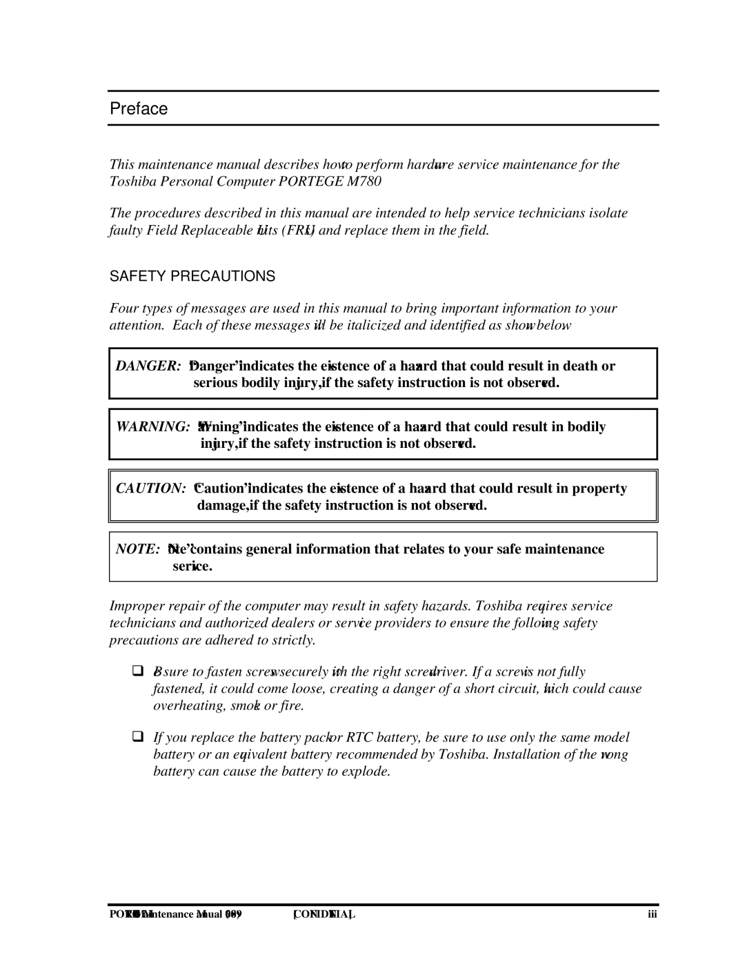 Toshiba 960-809 manual Preface, Safety Precautions 