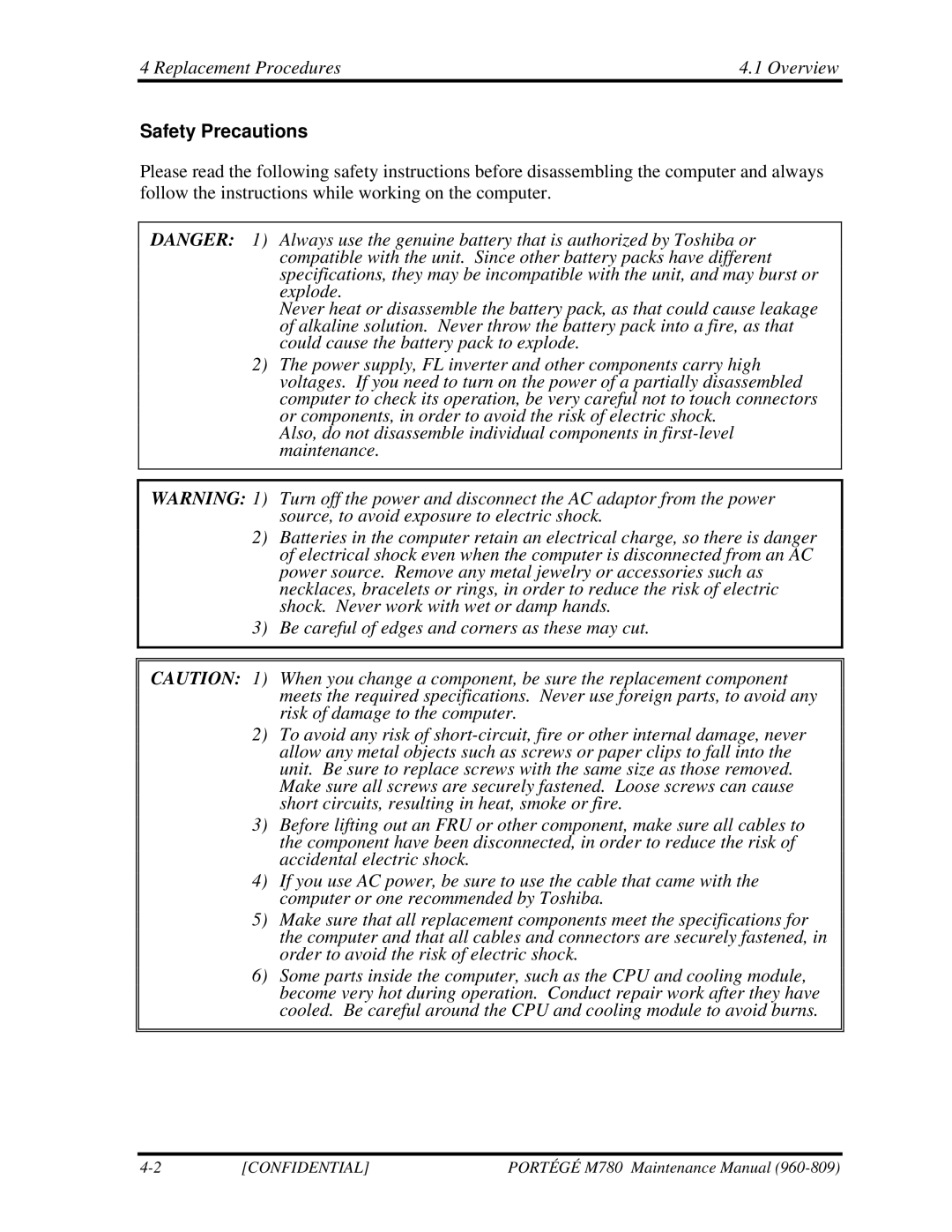 Toshiba 960-809 manual Replacement Procedures Overview, Safety Precautions 