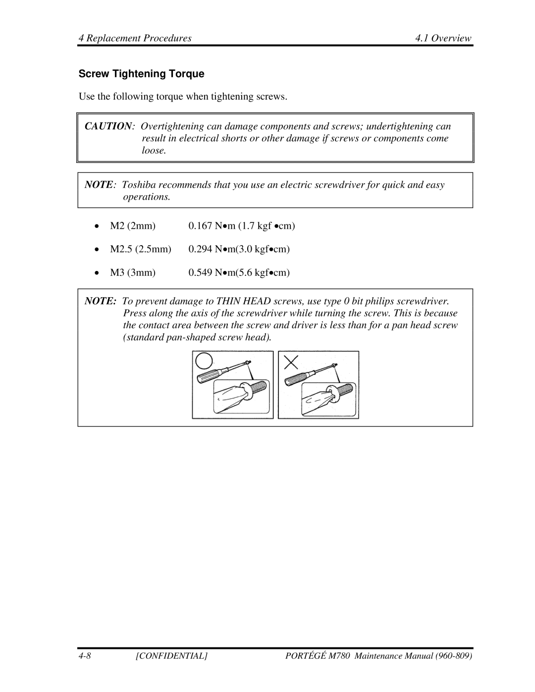 Toshiba 960-809 manual Replacement Procedures Overview, Screw Tightening Torque 