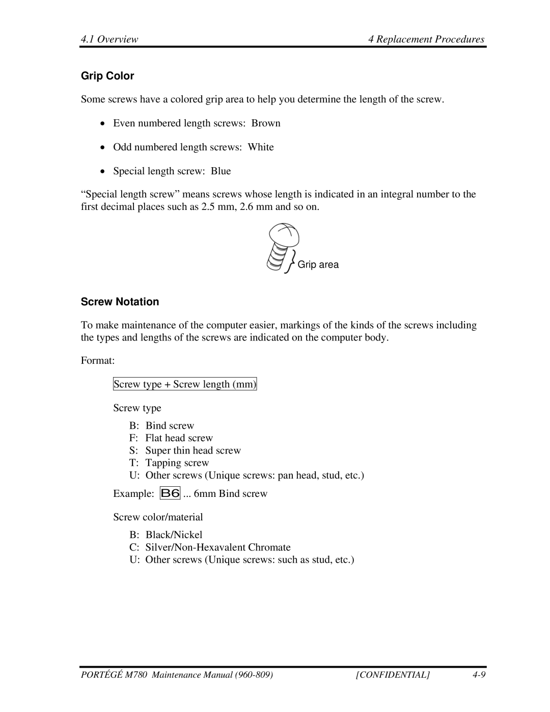 Toshiba 960-809 manual Grip Color, Screw Notation 