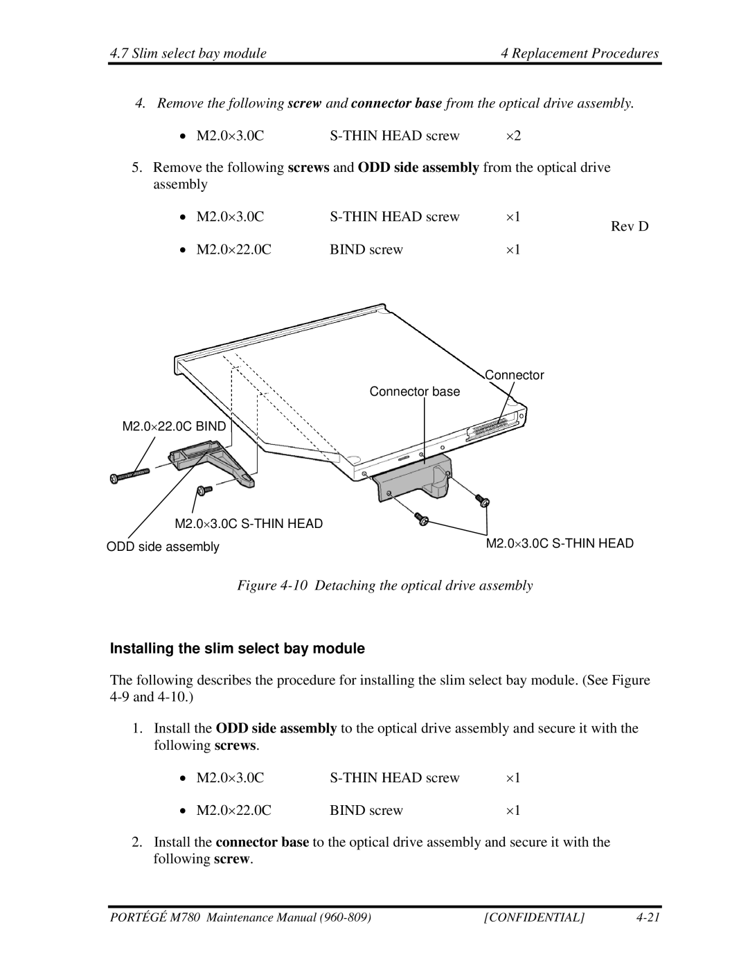 Toshiba 960-809 manual Detaching the optical drive assembly, Installing the slim select bay module 