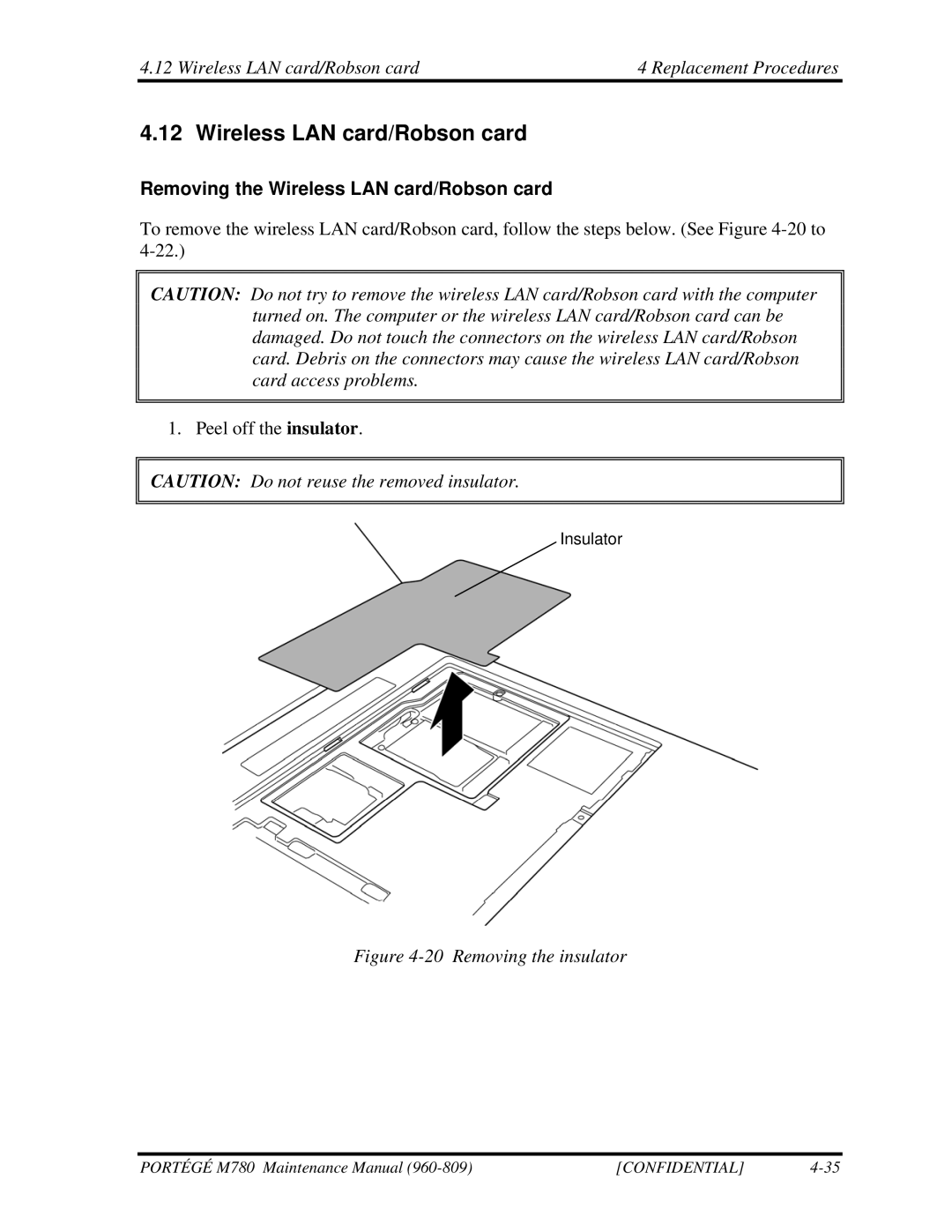 Toshiba 960-809 manual Wireless LAN card/Robson card Replacement Procedures, Removing the Wireless LAN card/Robson card 