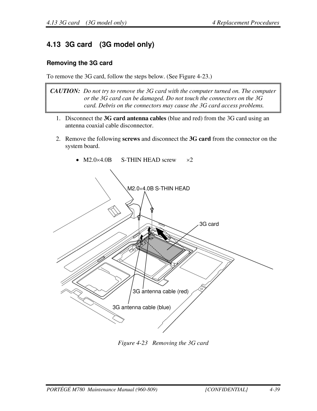 Toshiba 960-809 manual 13 3G card 3G model only Replacement Procedures, Removing the 3G card 