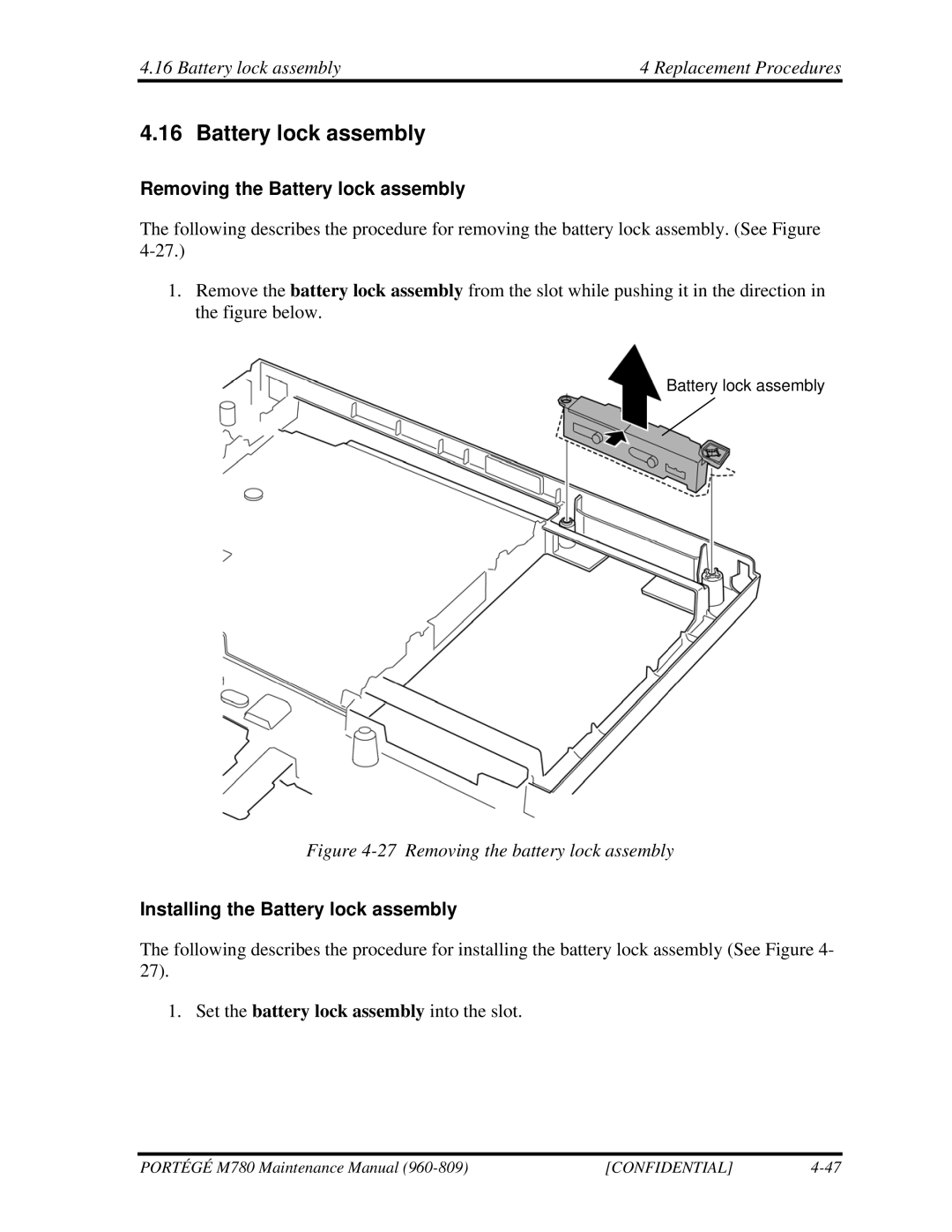 Toshiba 960-809 manual Battery lock assembly Replacement Procedures, Removing the Battery lock assembly 