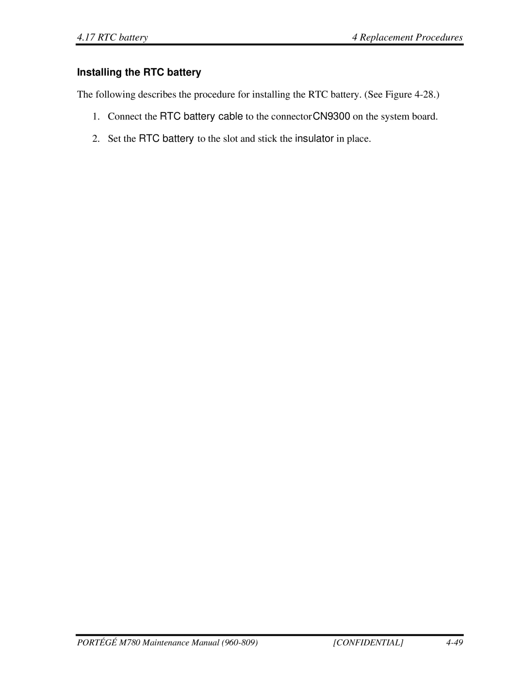 Toshiba 960-809 manual RTC battery Replacement Procedures, Installing the RTC battery 