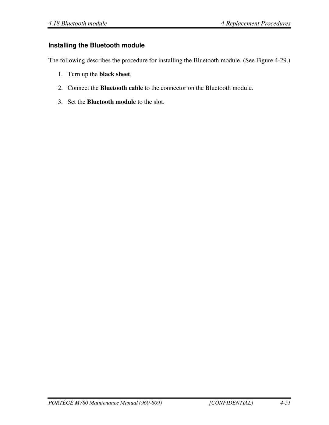 Toshiba 960-809 manual Bluetooth module Replacement Procedures, Installing the Bluetooth module 