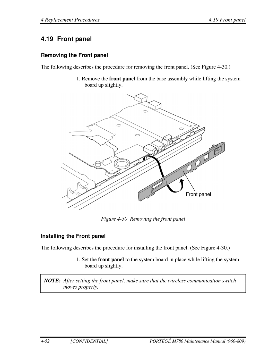 Toshiba 960-809 manual Replacement Procedures Front panel, Removing the Front panel, Installing the Front panel 