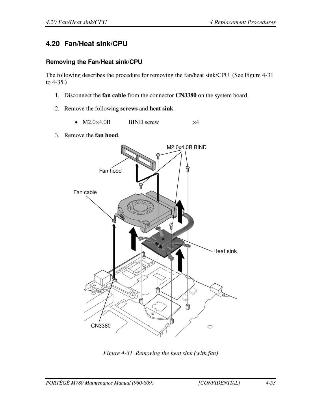 Toshiba 960-809 manual 20 Fan/Heat sink/CPU Replacement Procedures, Removing the Fan/Heat sink/CPU 