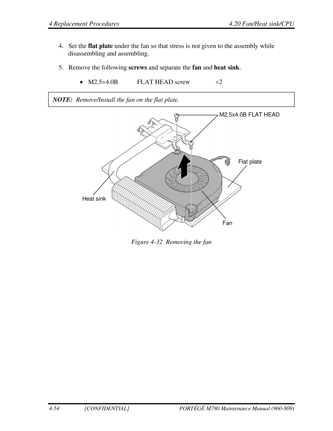 Toshiba 960-809 manual Replacement Procedures 20 Fan/Heat sink/CPU, Removing the fan 