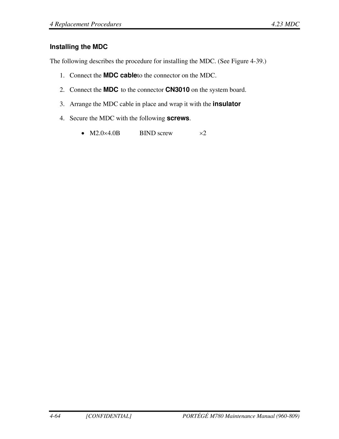 Toshiba 960-809 manual Replacement Procedures 23 MDC, Installing the MDC 