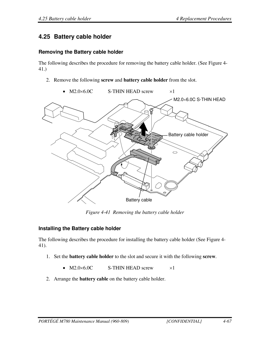 Toshiba 960-809 manual Battery cable holder4 Replacement Procedures, Removing the Battery cable holder 