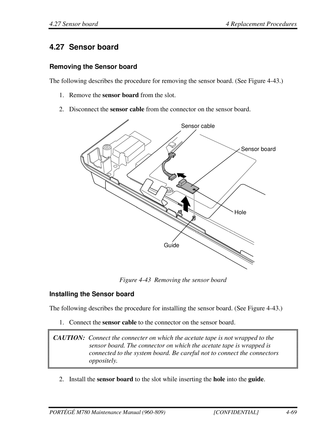 Toshiba 960-809 manual Sensor board Replacement Procedures, Removing the Sensor board, Installing the Sensor board 