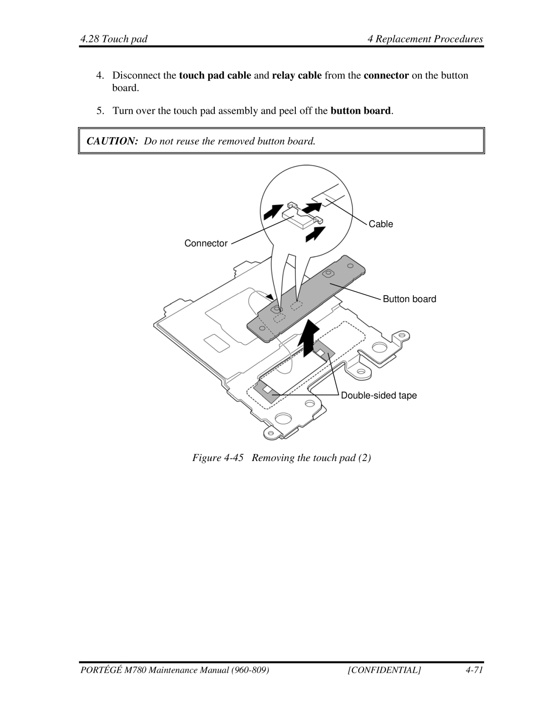 Toshiba 960-809 manual Touch pad Replacement Procedures, Removing the touch pad 