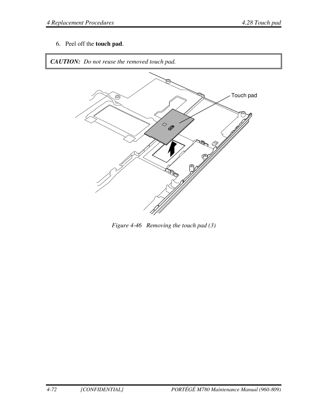 Toshiba 960-809 manual Replacement Procedures Touch pad Peel off the touch pad, Removing the touch pad 