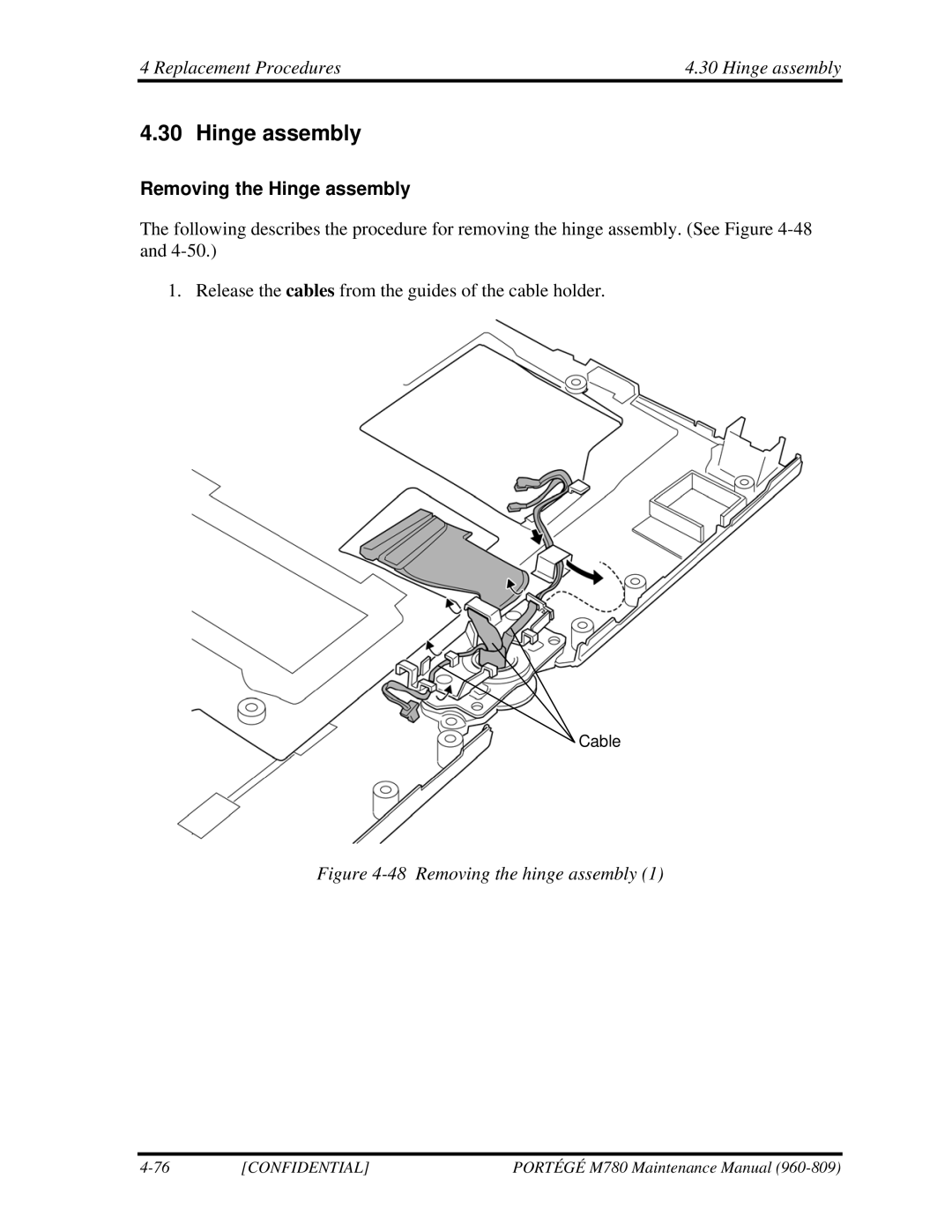 Toshiba 960-809 manual Replacement Procedures Hinge assembly, Removing the Hinge assembly 