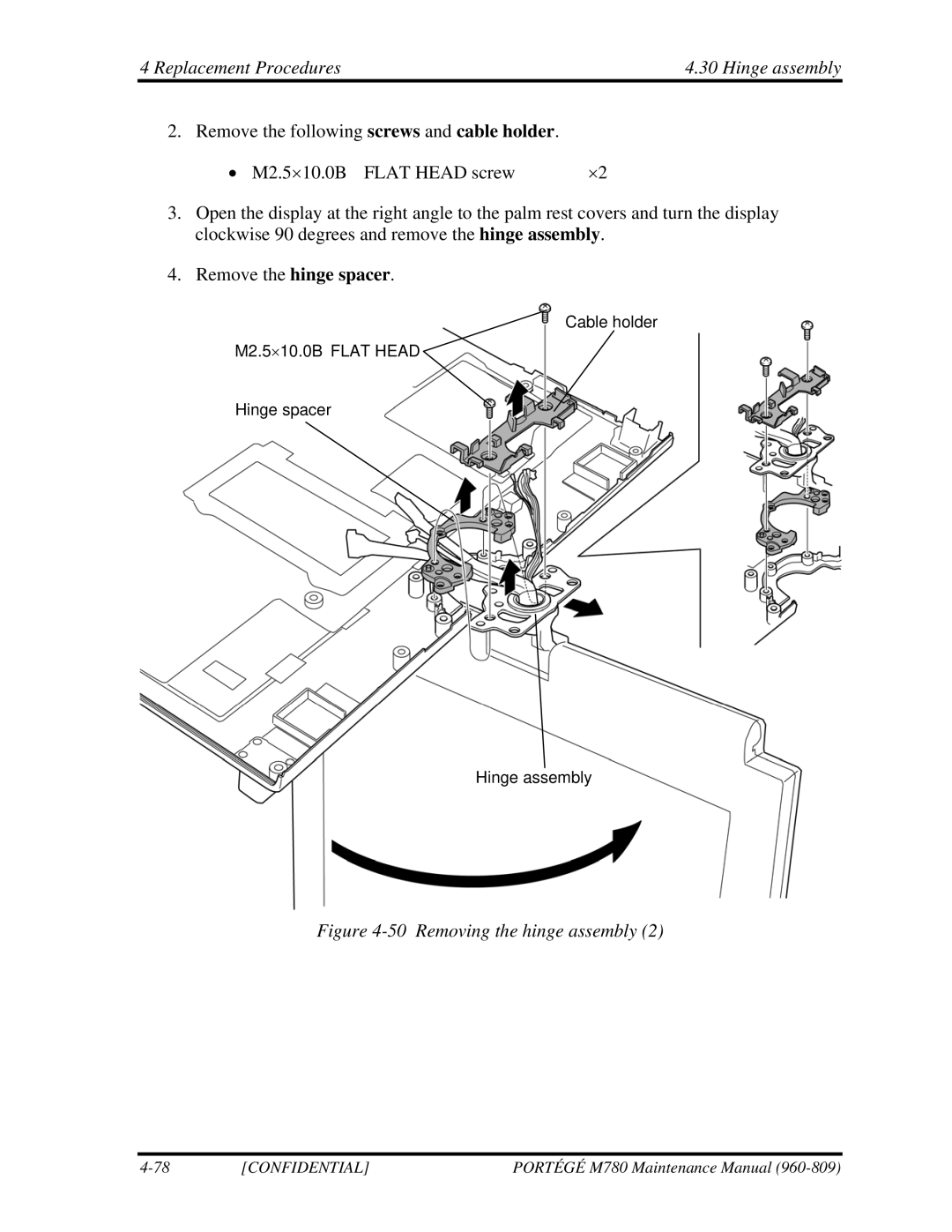 Toshiba 960-809 manual Removing the hinge assembly 