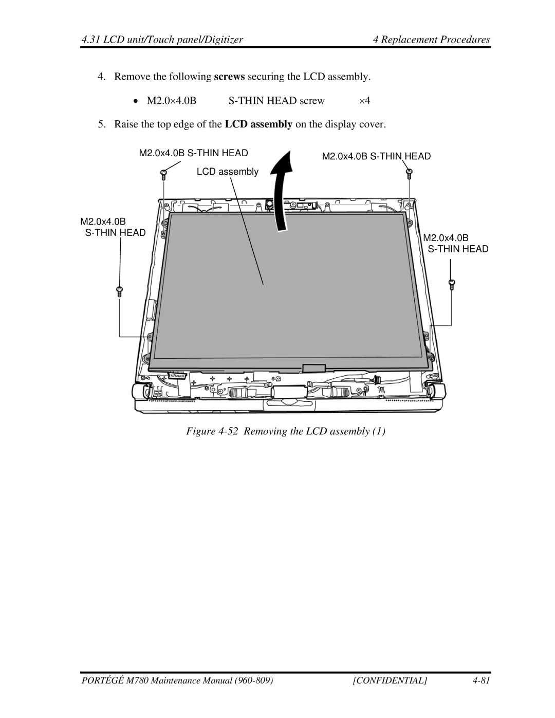 Toshiba 960-809 manual LCD unit/Touch panel/Digitizer Replacement Procedures, Removing the LCD assembly 