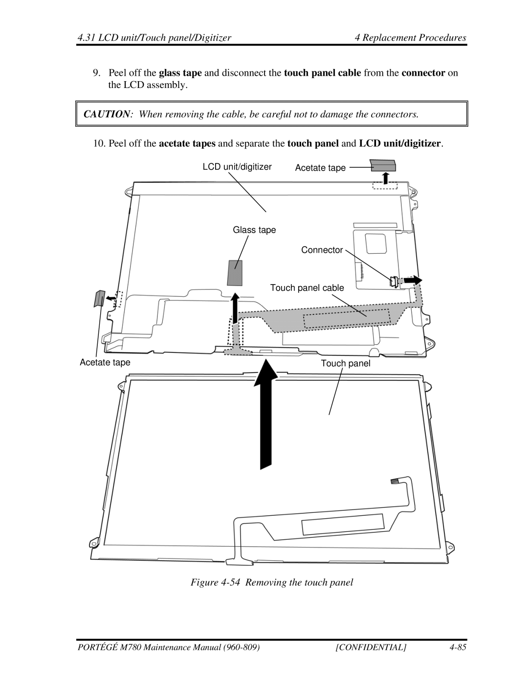 Toshiba 960-809 manual Removing the touch panel 