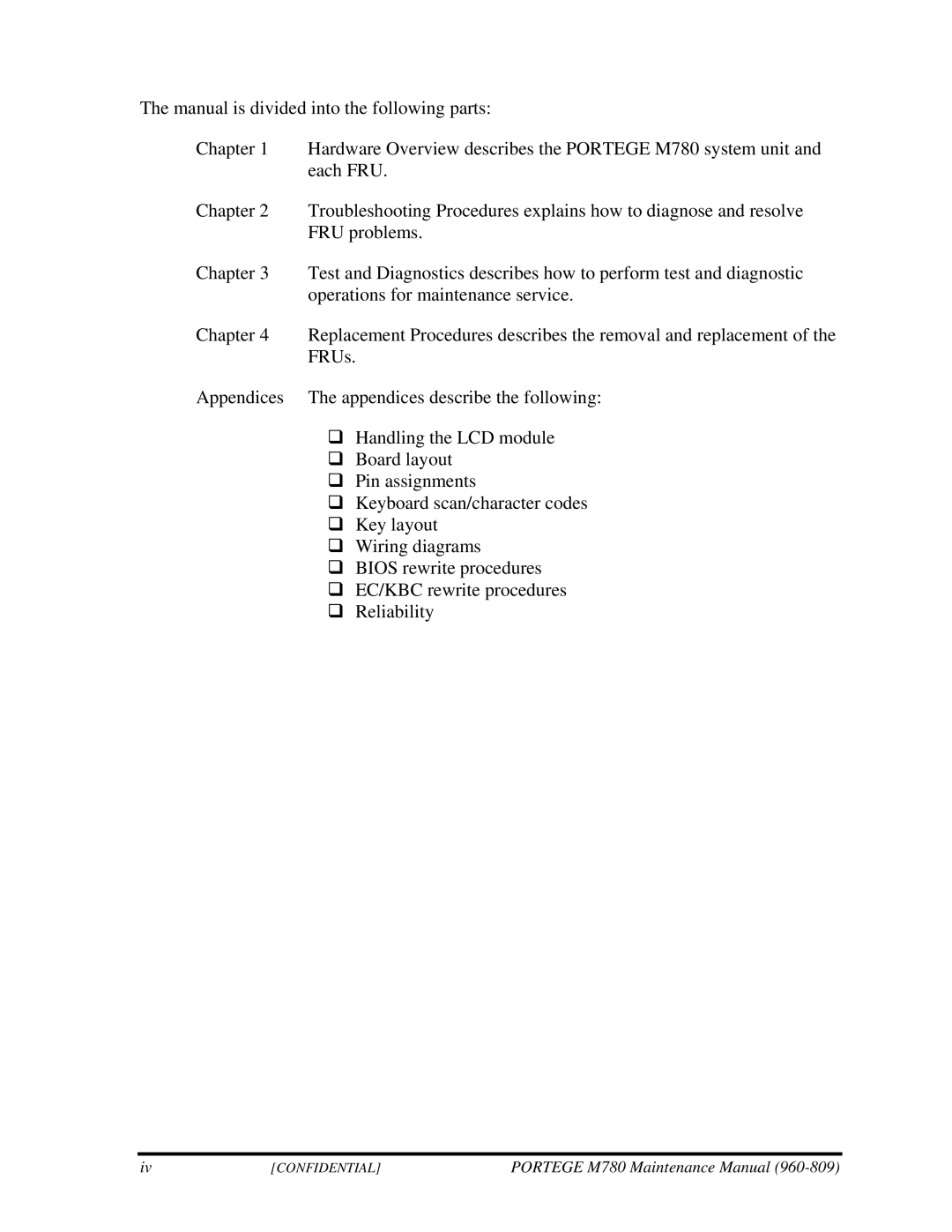 Toshiba 960-809 manual Portege M780 Maintenance Manual 