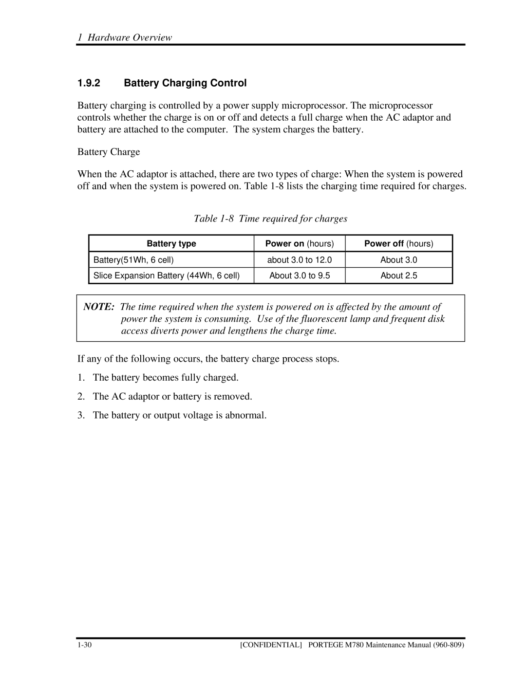 Toshiba 960-809 manual Battery Charging Control, Time required for charges 