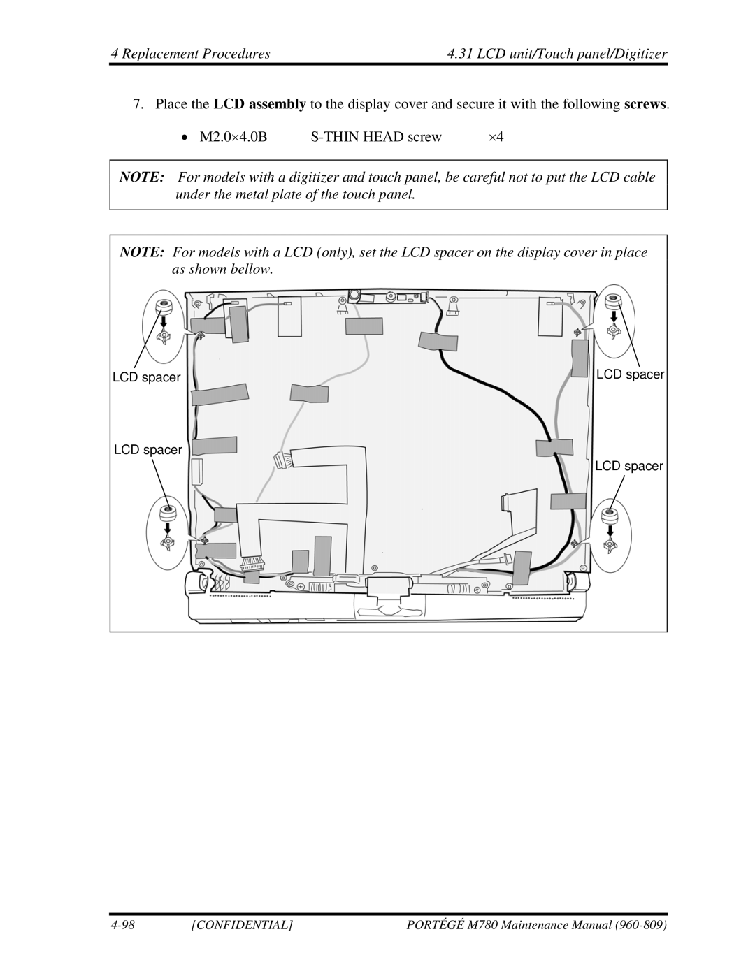 Toshiba 960-809 manual LCD spacer 