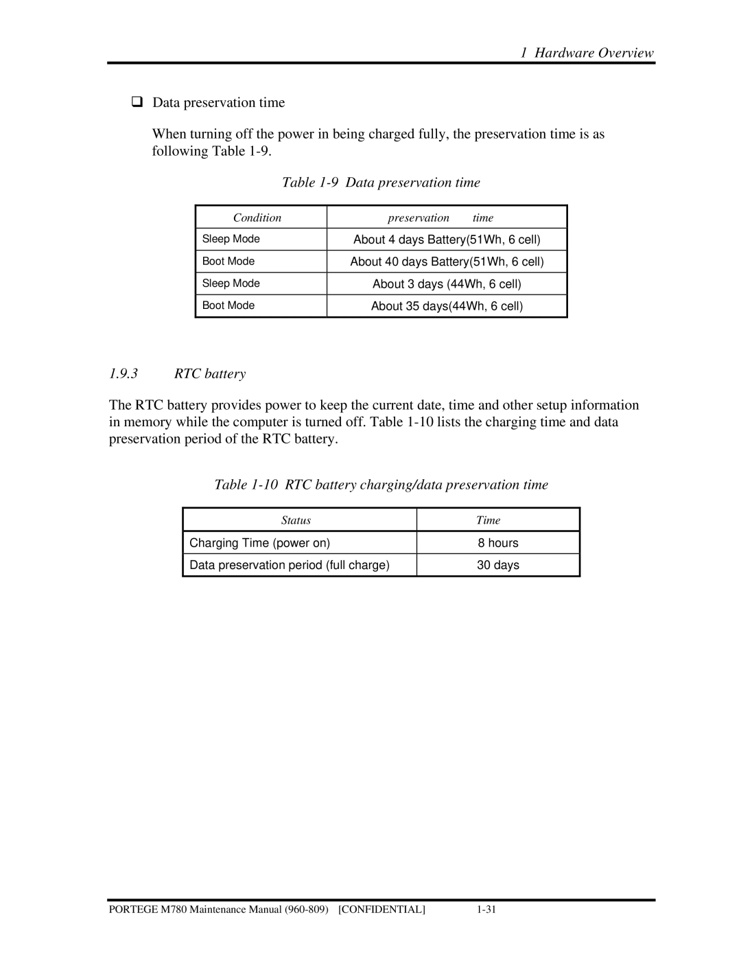 Toshiba 960-809 manual Data preservation time, RTC battery charging/data preservation time 