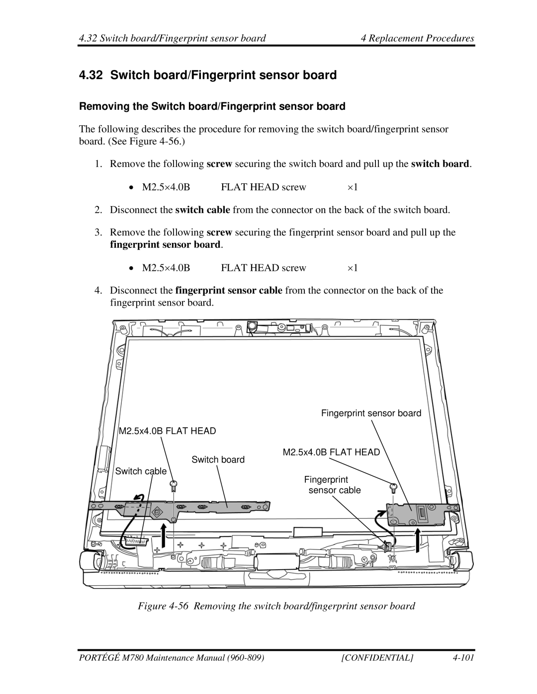 Toshiba 960-809 manual Removing the Switch board/Fingerprint sensor board 