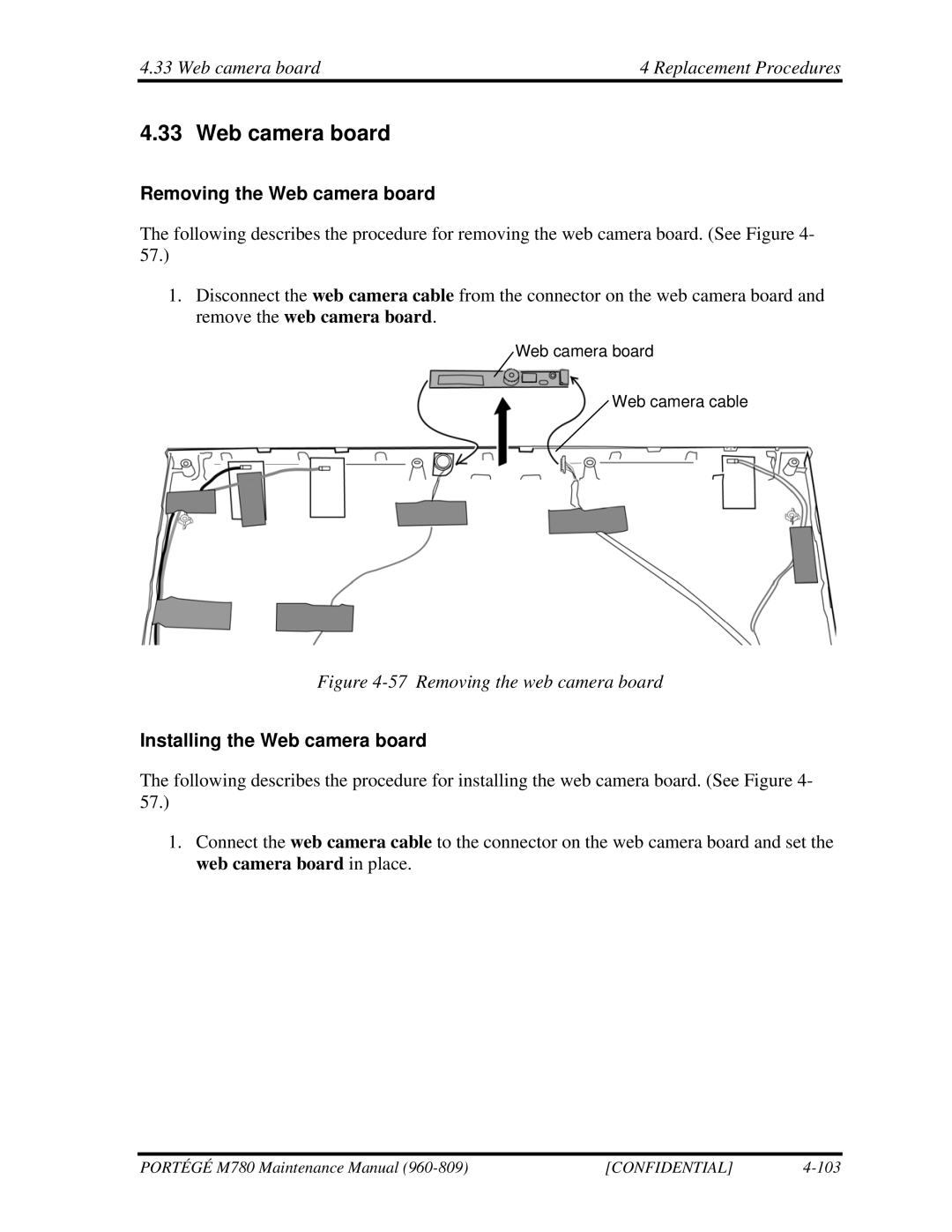 Toshiba 960-809 manual Web camera board Replacement Procedures, Removing the Web camera board 