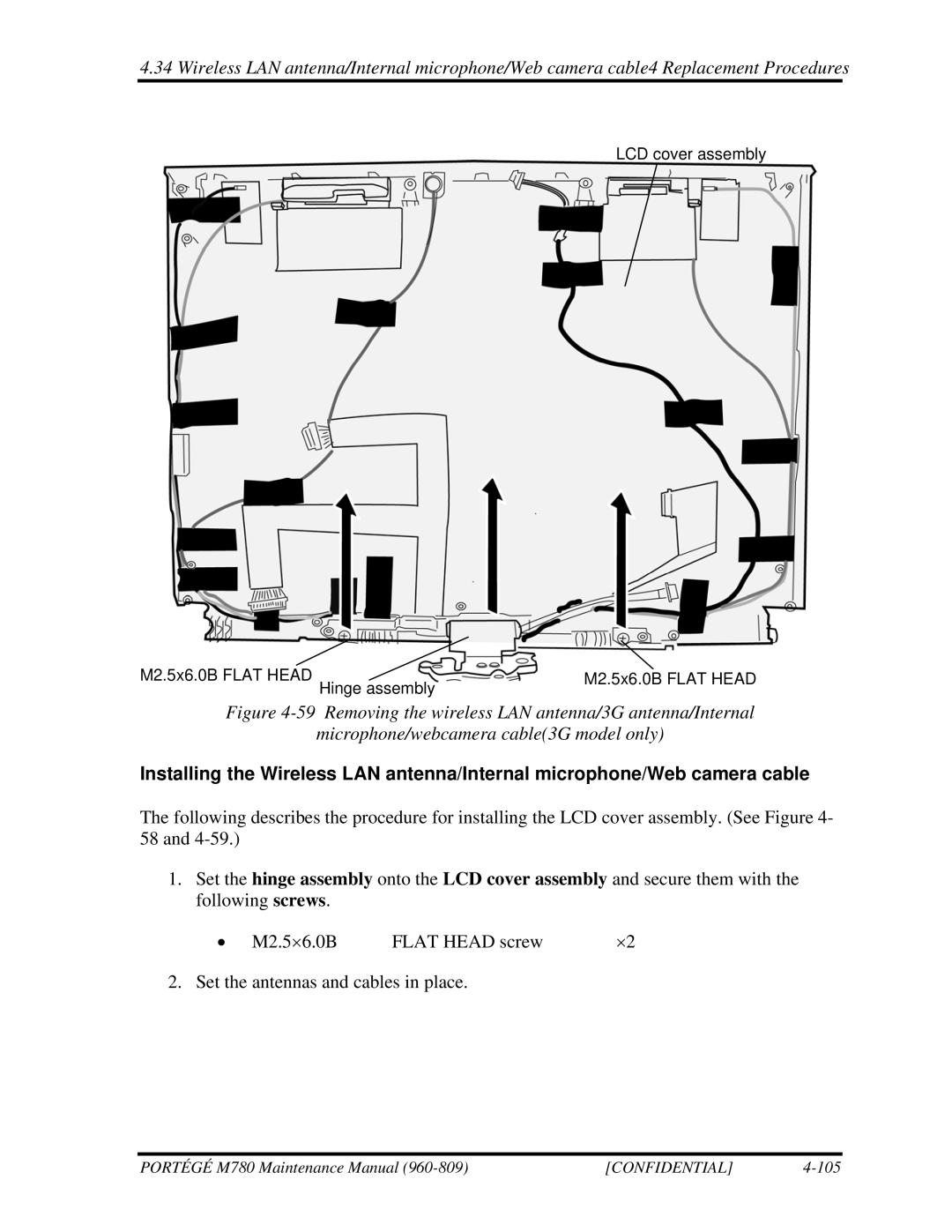 Toshiba 960-809 manual LCD cover assembly M2.5x6.0B Flat Head Hinge assembly 