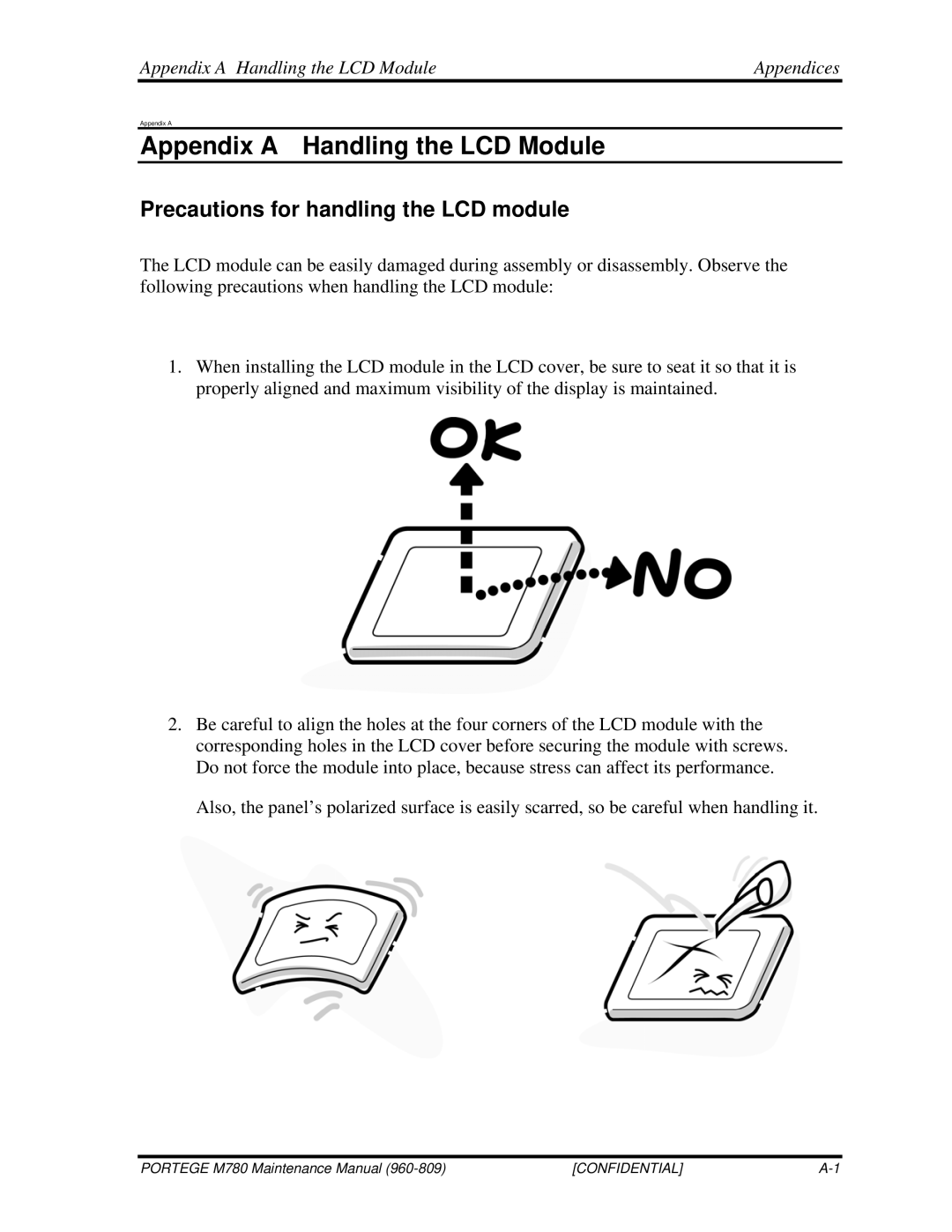 Toshiba 960-809 manual Precautions for handling the LCD module, Appendix a Handling the LCD Module Appendices 