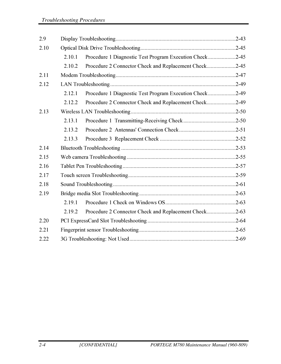 Toshiba 960-809 manual Troubleshooting Procedures 