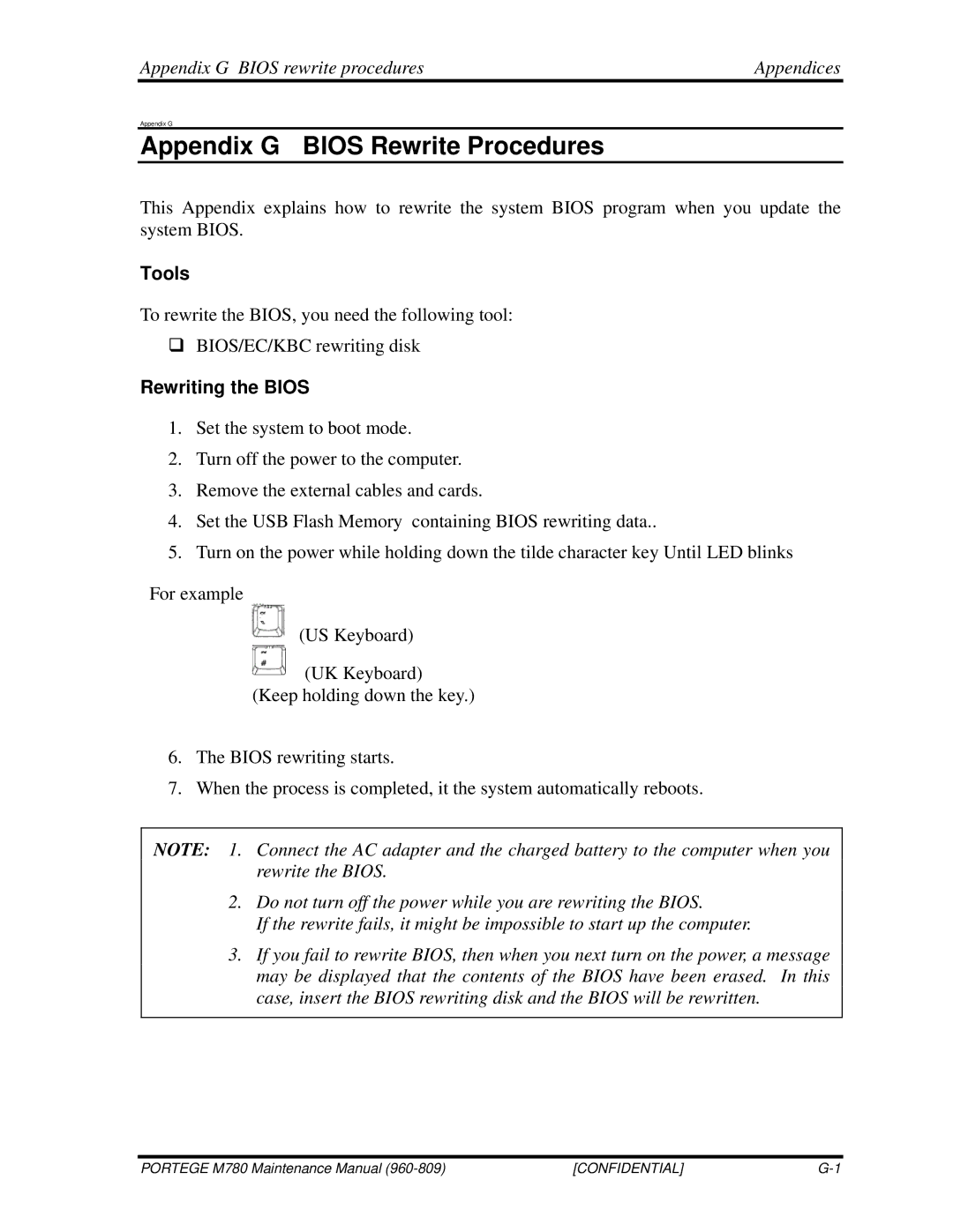 Toshiba 960-809 manual Appendix G Bios rewrite procedures Appendices, Tools, Rewriting the Bios 