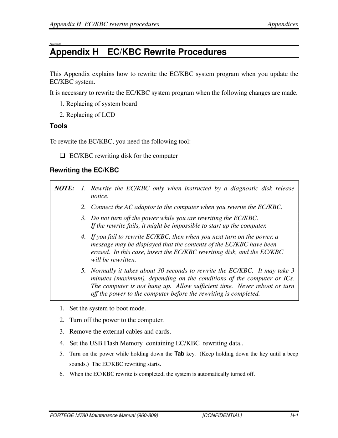 Toshiba 960-809 manual Appendix H EC/KBC rewrite procedures Appendices, Rewriting the EC/KBC 