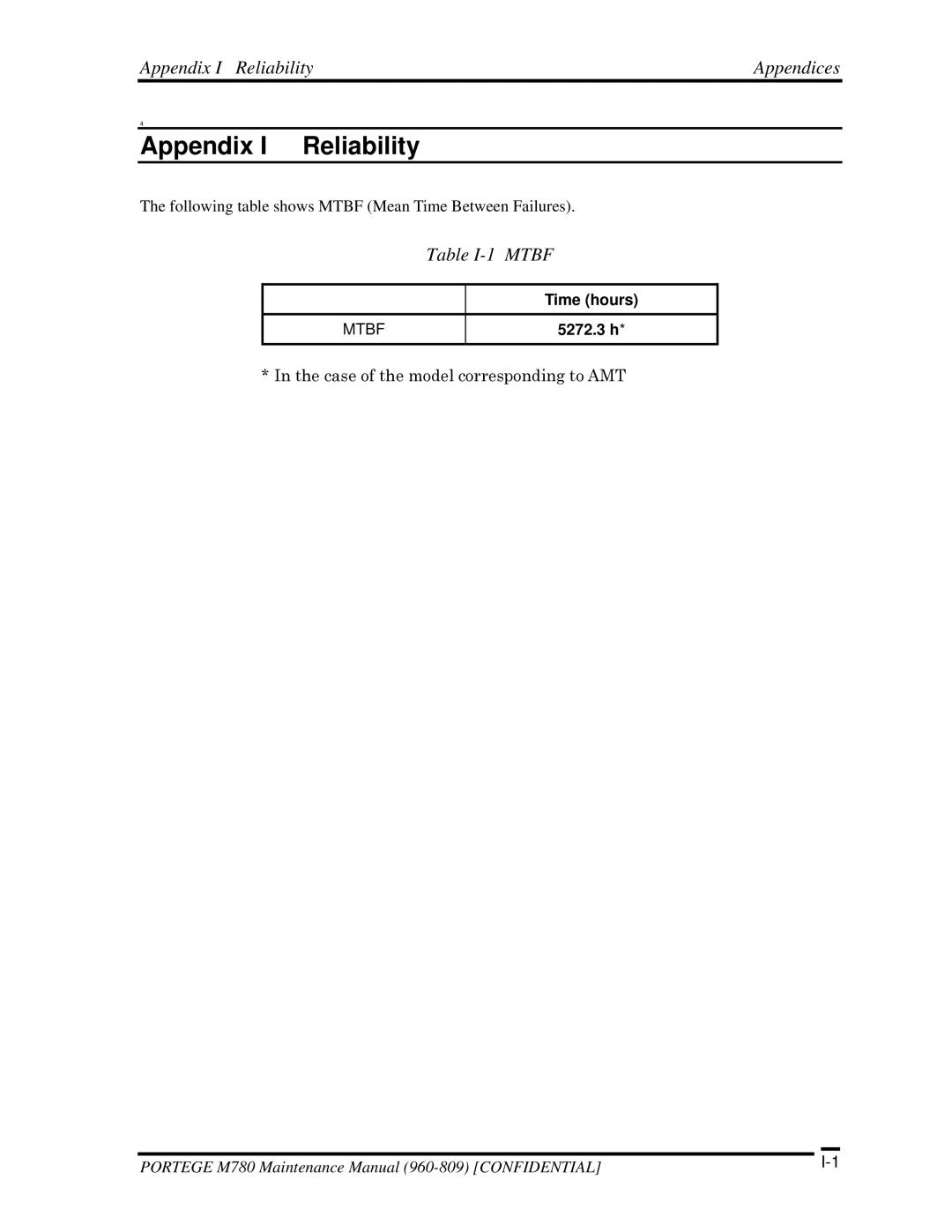 Toshiba 960-809 manual Appendix I Reliability Appendices, Table I-1 Mtbf 