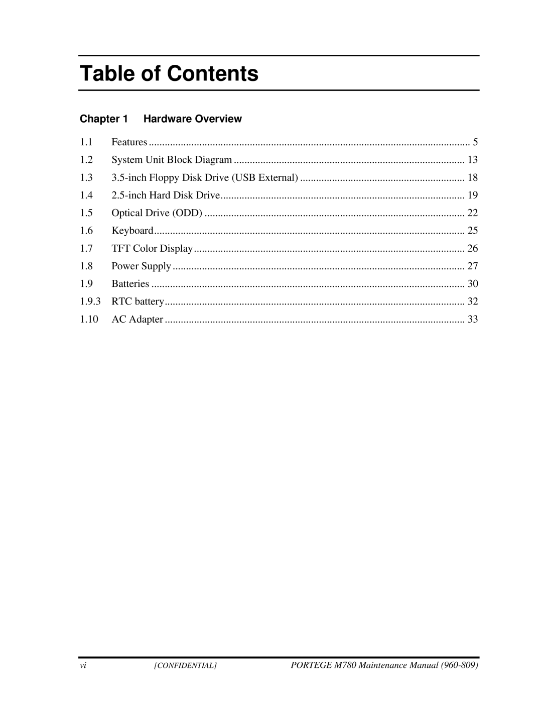 Toshiba 960-809 manual Table of Contents 