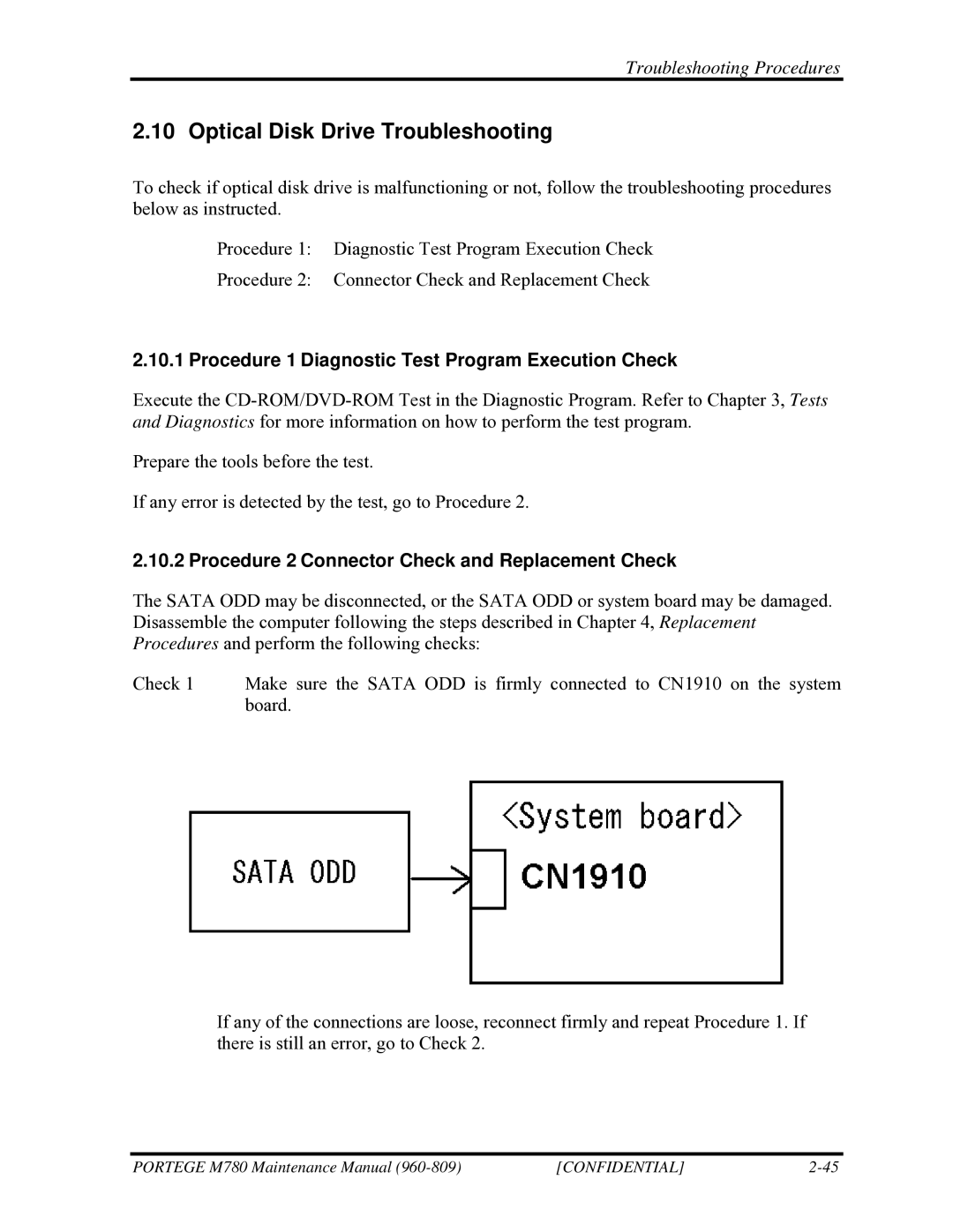 Toshiba 960-809 manual Optical Disk Drive Troubleshooting, Procedure 2 Connector Check and Replacement Check 