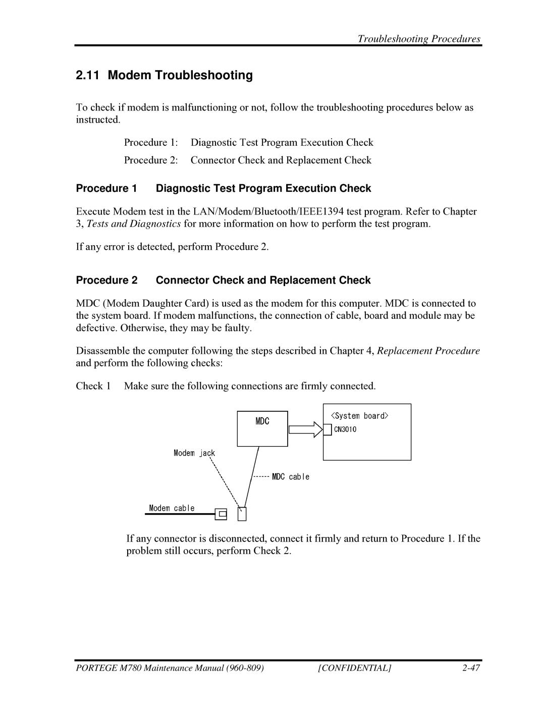 Toshiba 960-809 manual Modem Troubleshooting 