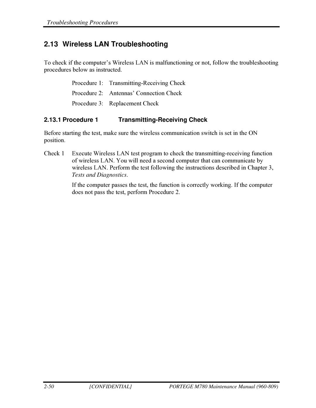 Toshiba 960-809 manual Wireless LAN Troubleshooting, Procedure 1 Transmitting-Receiving Check 