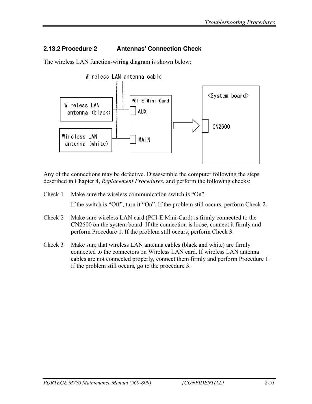 Toshiba 960-809 manual Procedure 2 Antennas Connection Check 