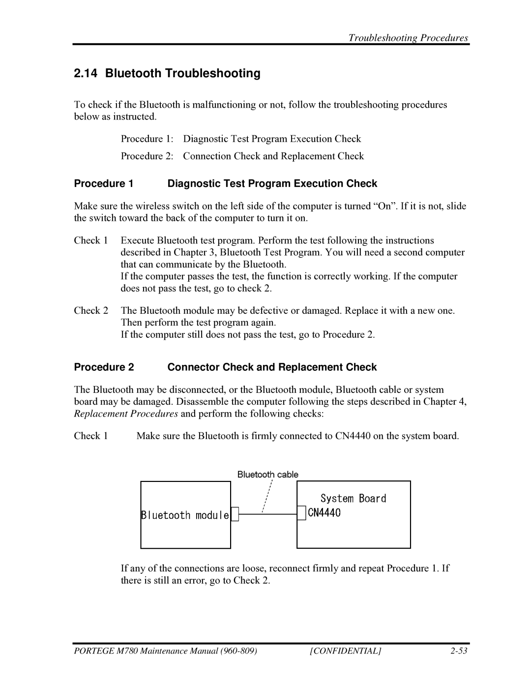 Toshiba 960-809 manual Bluetooth Troubleshooting, Procedure 1 Diagnostic Test Program Execution Check 