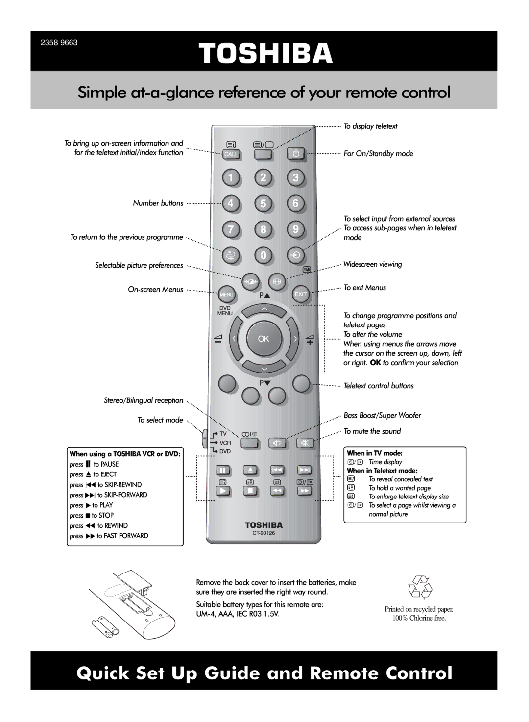 Toshiba 2358, 9663 setup guide Simple at-a-glance reference of your remote control, When using a Toshiba VCR or DVD 