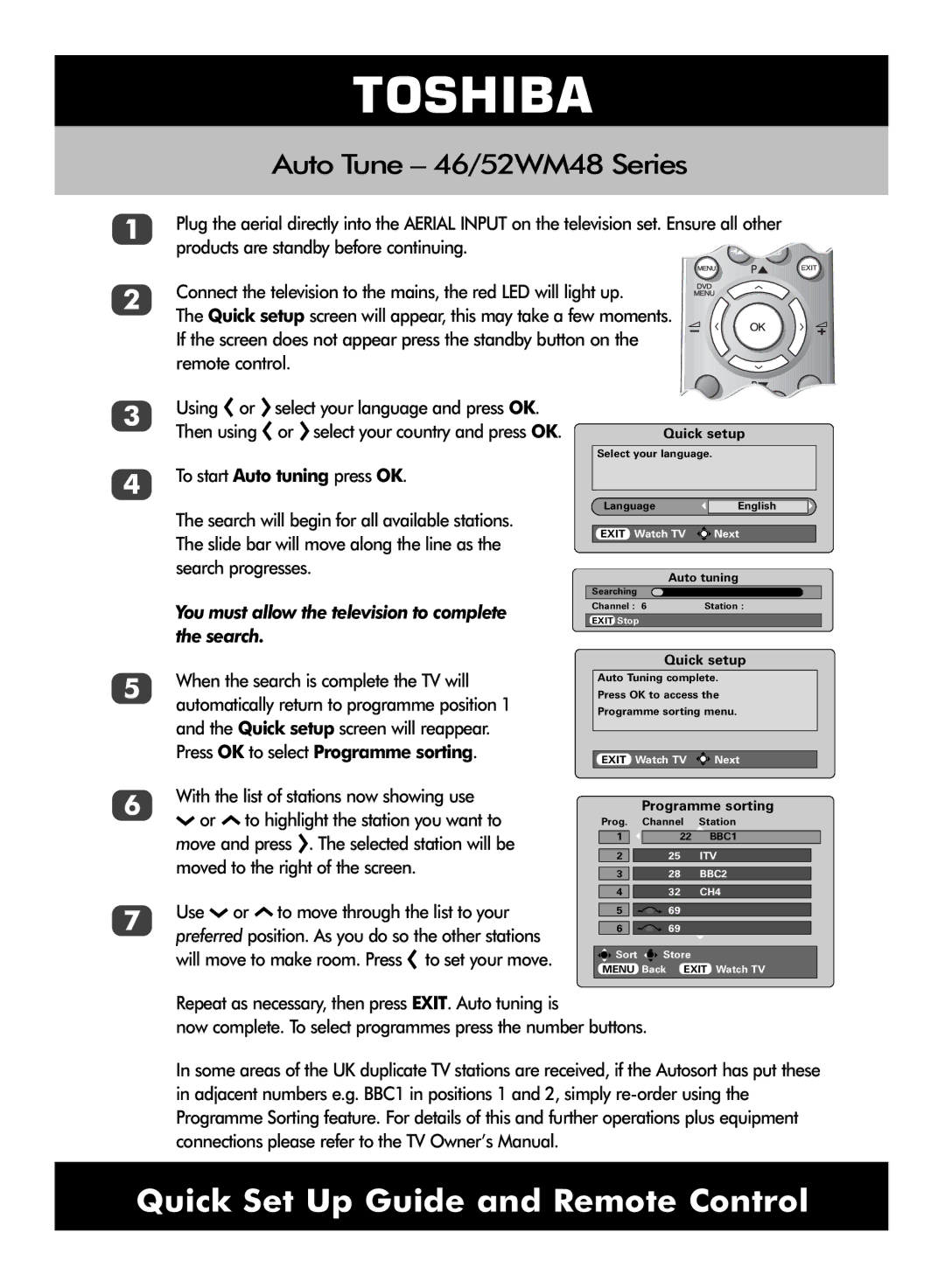 Toshiba 9663, 2358 setup guide Auto Tune 46/52WM48 Series, You must allow the television to complete the search, Quick setup 