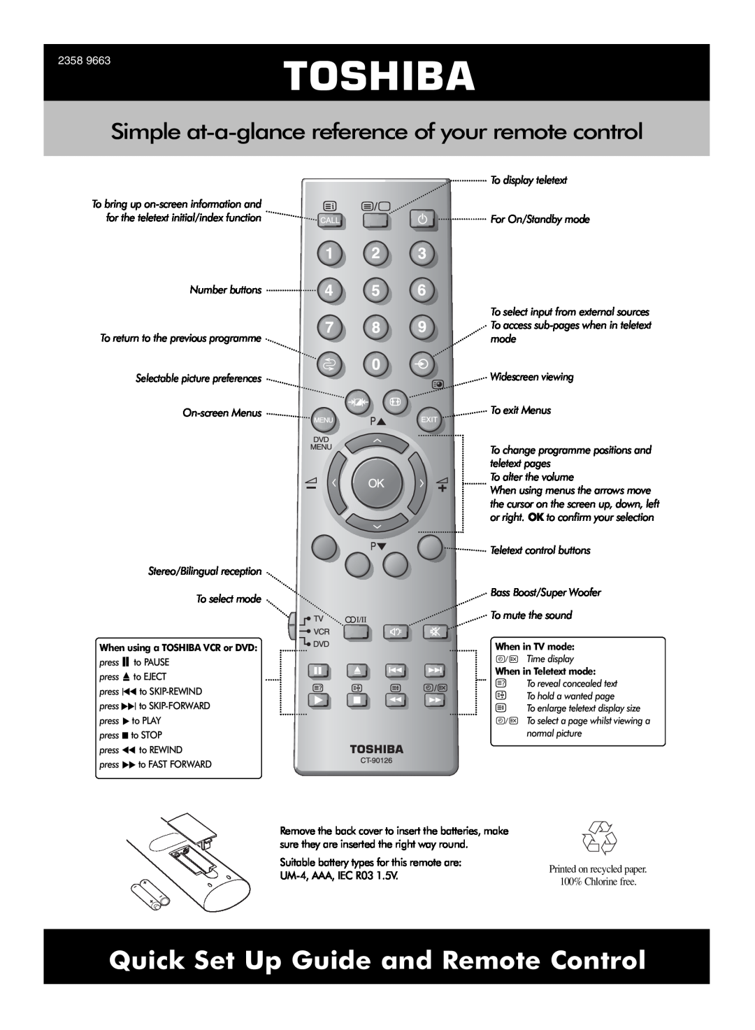 Toshiba 2358 setup guide Toshiba, Quick Set Up Guide and Remote Control, When using a TOSHIBA VCR or DVD, When in TV mode 