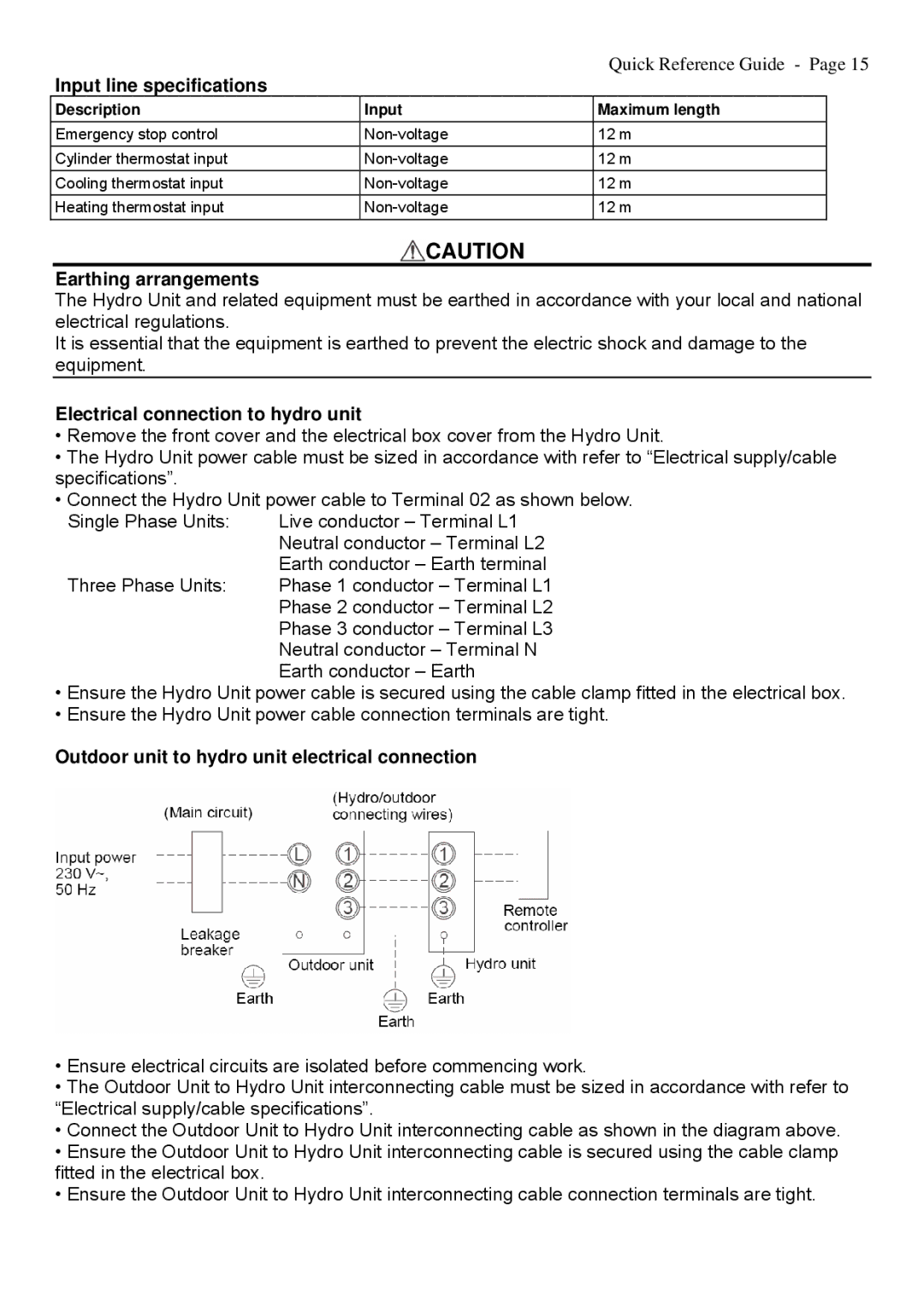 Toshiba A09-01P manual Input line specifications, Earthing arrangements, Electrical connection to hydro unit 