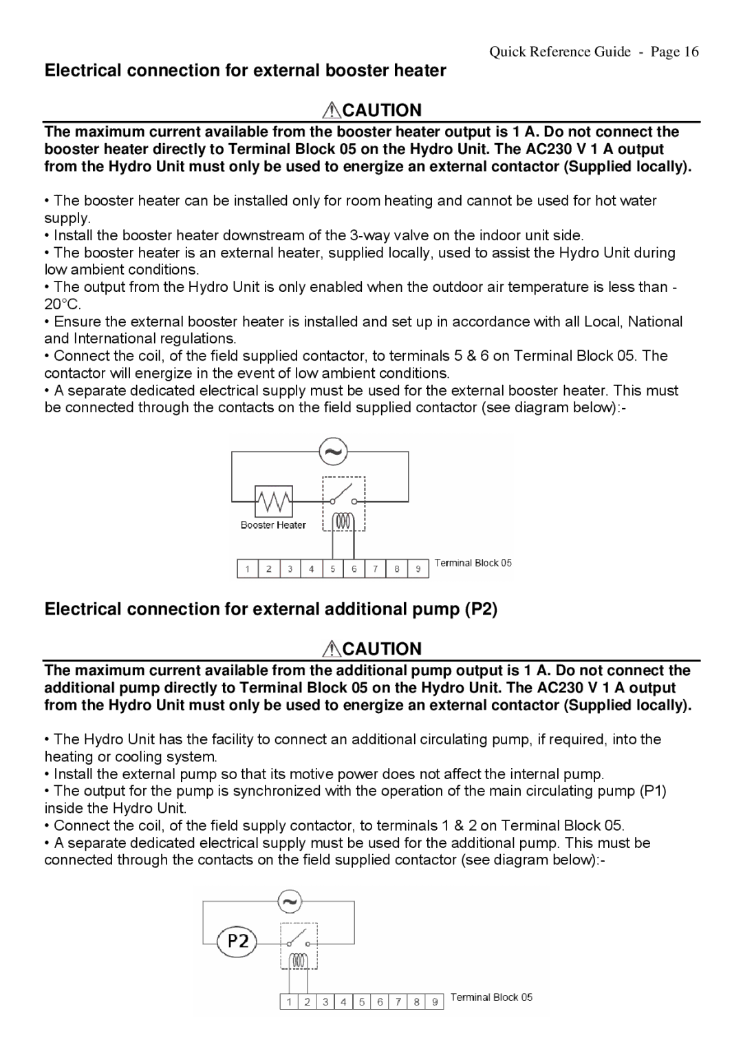 Toshiba A09-01P Electrical connection for external booster heater, Electrical connection for external additional pump P2 