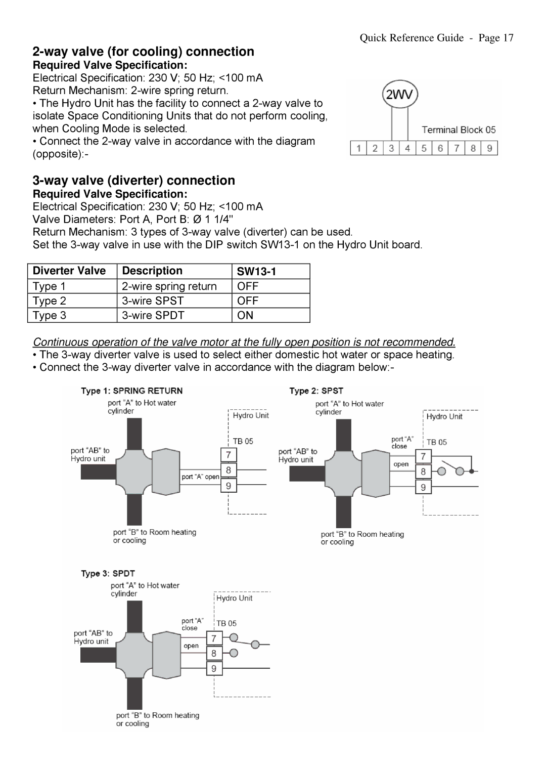 Toshiba A09-01P manual Way valve for cooling connection, Way valve diverter connection, Required Valve Specification 