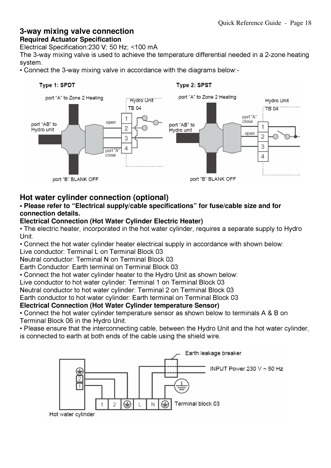 Toshiba A09-01P manual Way mixing valve connection, Hot water cylinder connection optional, Required Actuator Specification 