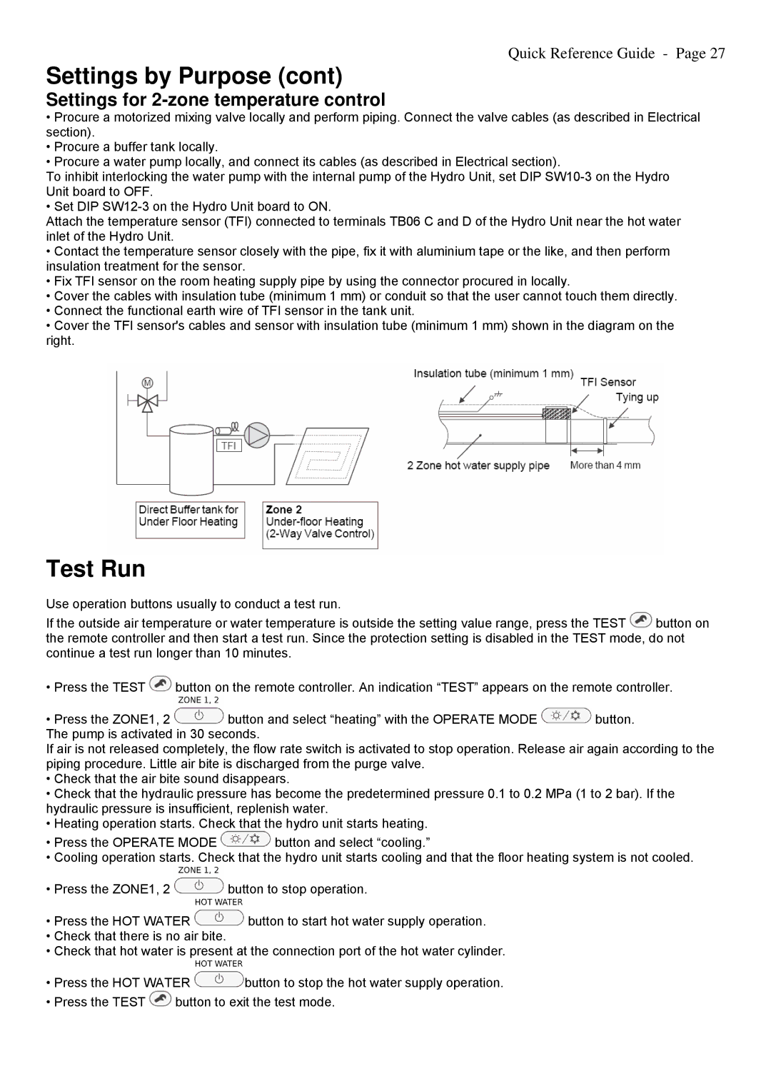 Toshiba A09-01P manual Test Run, Settings for 2-zone temperature control 