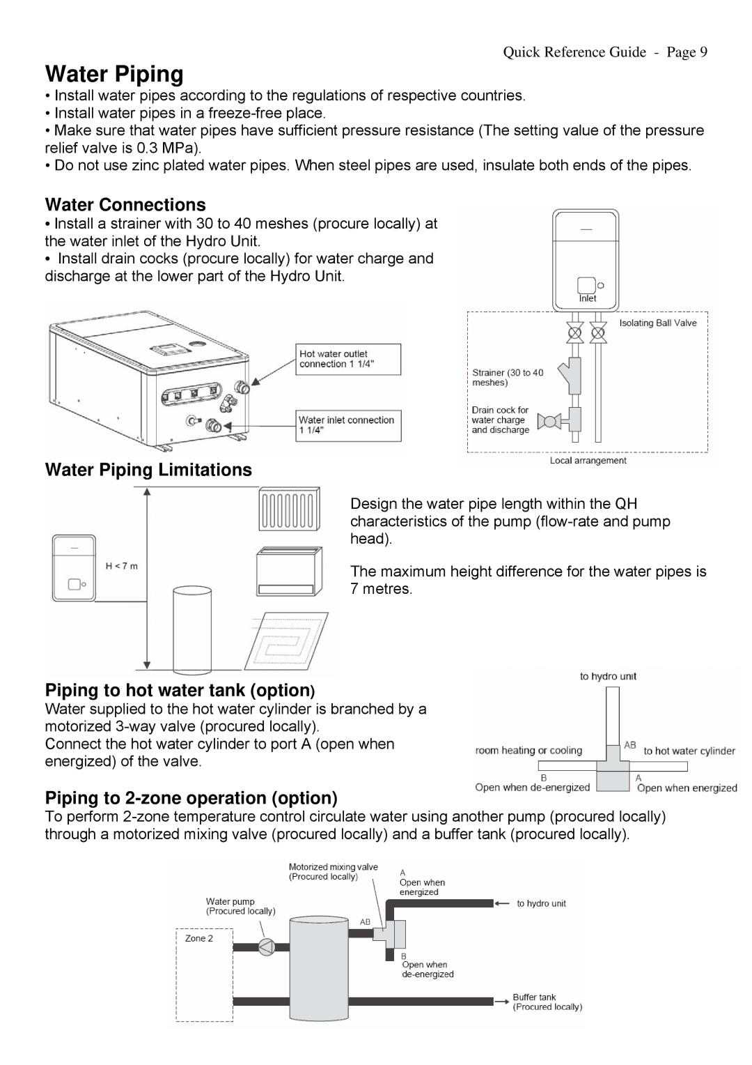 Toshiba A09-01P manual Water Connections, Water Piping Limitations, Piping to hot water tank option 